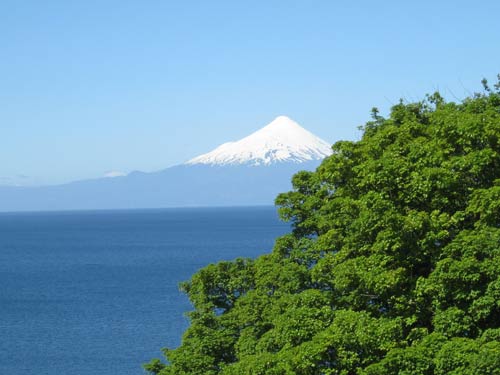 Volcano across the lake, seen from our hotel window at Puerto Vargas