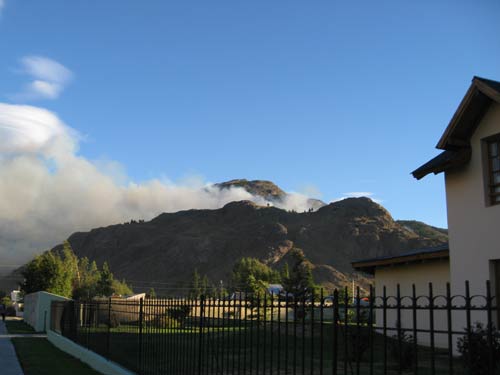 Wild fire started in the mountains above the town of Esquel